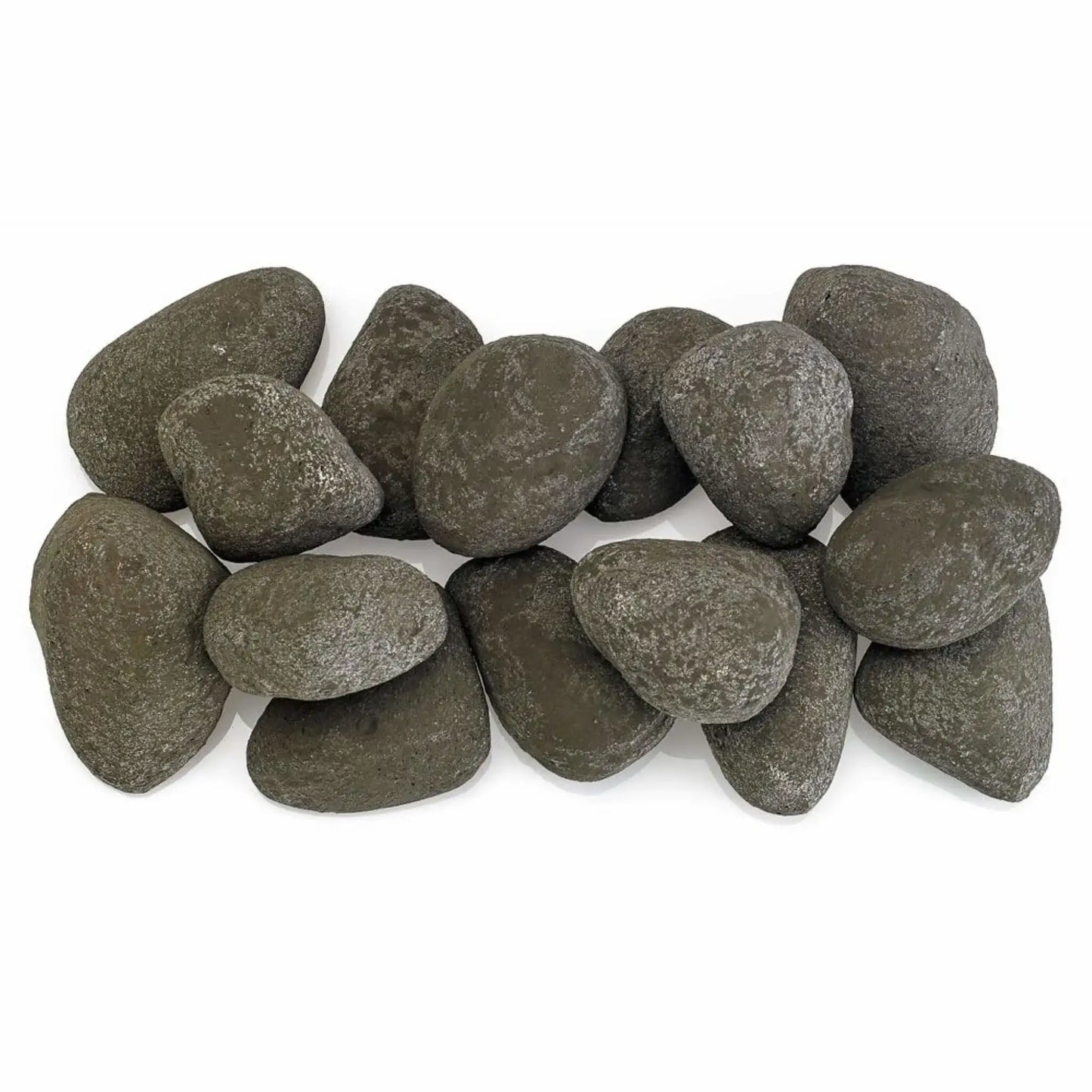 Top view of Thunder Gray Lite Stones by American Fire Products arranged evenly across a linear fire pit burner, featuring rounded shapes, consistent spacing, and rich dark gray stone color.