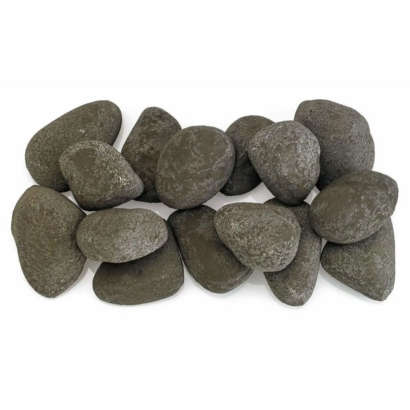 Top view of Thunder Gray Lite Stones by American Fire Products arranged evenly across a linear fire pit burner, featuring rounded shapes, consistent spacing, and rich dark gray stone color.