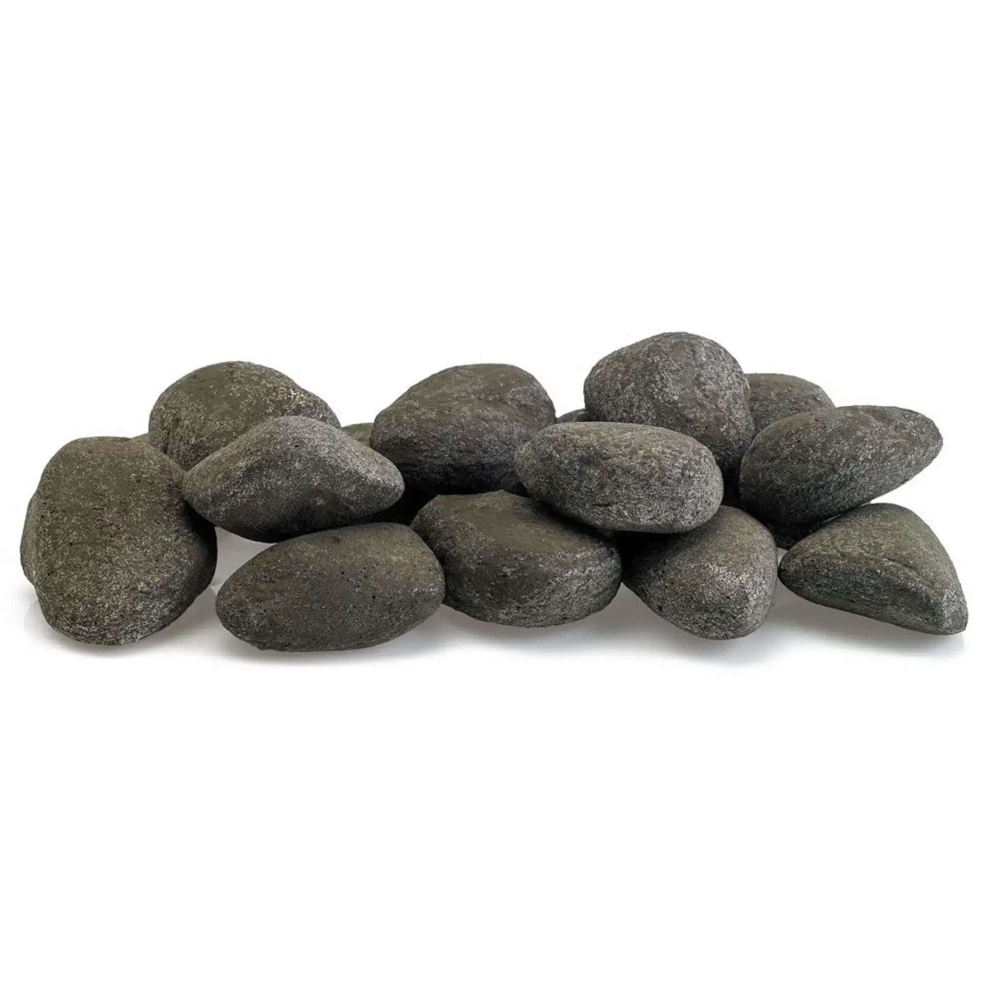 Thunder Gray Lite Stones by American Fire Products displayed in a natural pile, featuring dark charcoal and deep gray tones with smooth rounded shapes for modern gas fire pits.