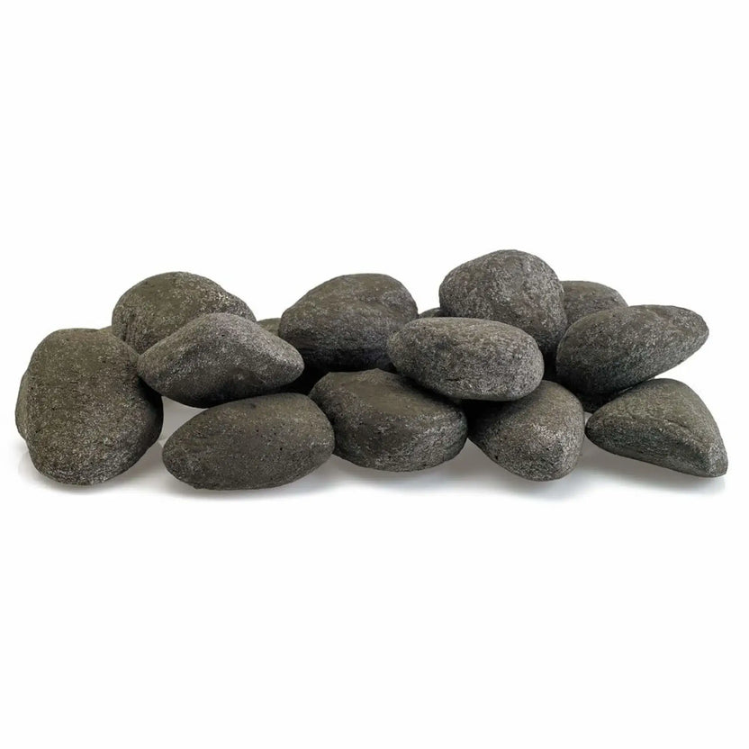 Thunder Gray Lite Stones by American Fire Products displayed in a natural pile, featuring dark charcoal and deep gray tones with smooth rounded shapes for modern gas fire pits.