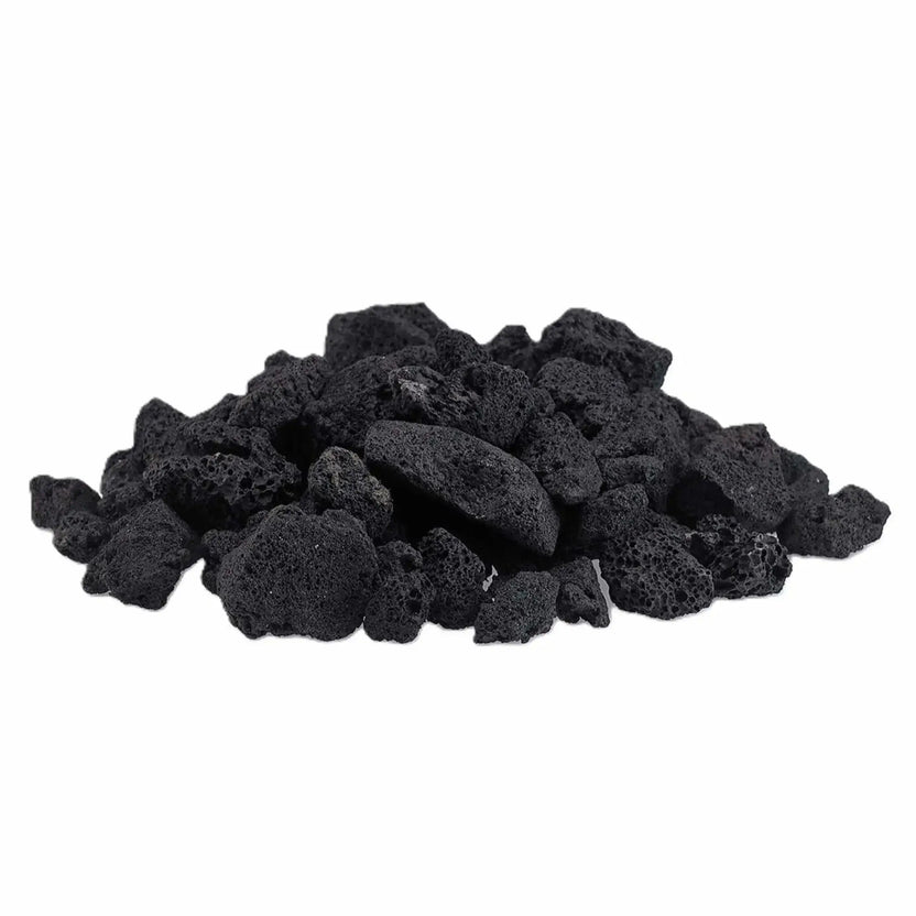 Pile of American Fire Products medium black lava rock with porous texture, ideal for gas fire pits and outdoor fireplaces as a durable natural burner media.
