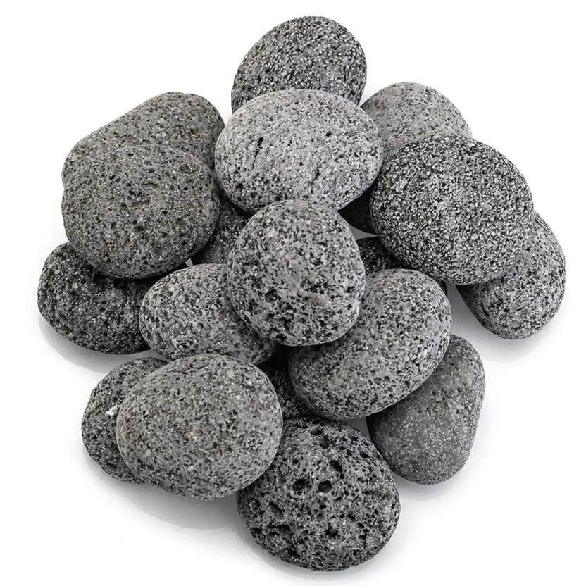 Overhead view of medium American Fire Products lava stones clustered together, highlighting their oval shape, varied gray tones, and porous texture against a clean white backdrop.