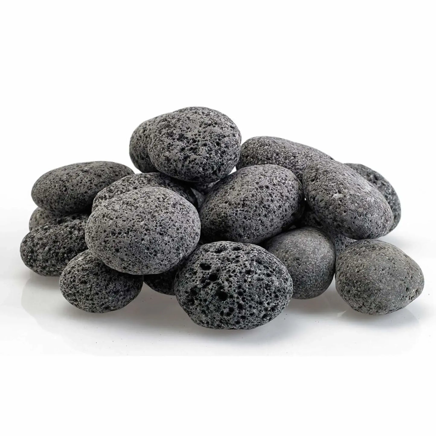 Pile of medium-sized gray lava stones from American Fire Products arranged on a white background, featuring smooth rounded edges and naturally porous volcanic texture for gas fire pits and fireplaces.