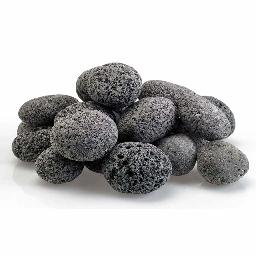 Pile of medium-sized gray lava stones from American Fire Products arranged on a white background, featuring smooth rounded edges and naturally porous volcanic texture for gas fire pits and fireplaces.