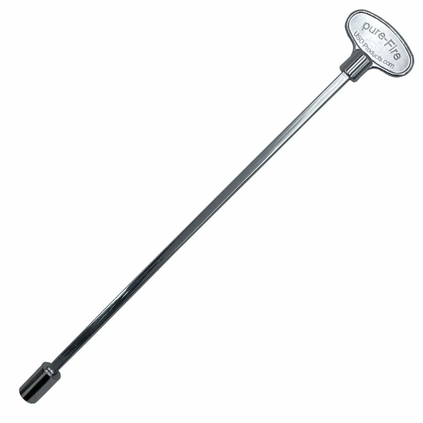 Polished chrome universal gas shut off key with a twelve inch extended shaft, designed for easy access to recessed or hard to reach fire pit and fireplace gas valves, featuring a square socket tip and branded handle.