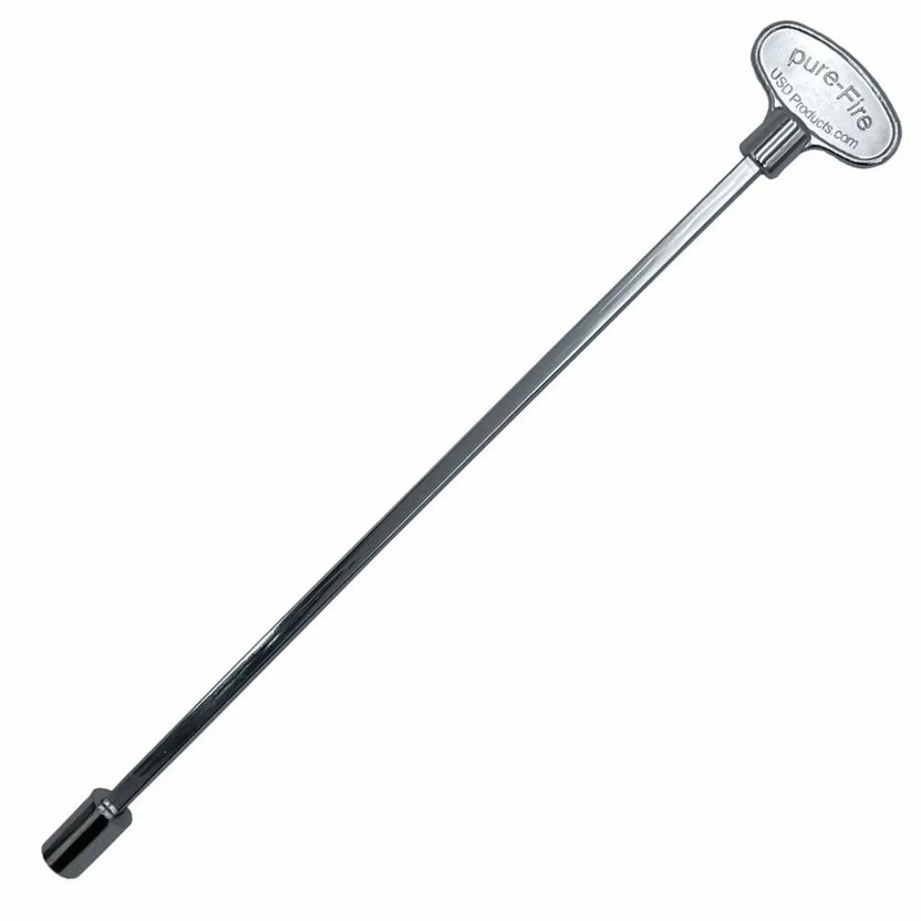 Polished chrome universal gas shut off key with a twelve inch extended shaft, designed for easy access to recessed or hard to reach fire pit and fireplace gas valves, featuring a square socket tip and branded handle.
