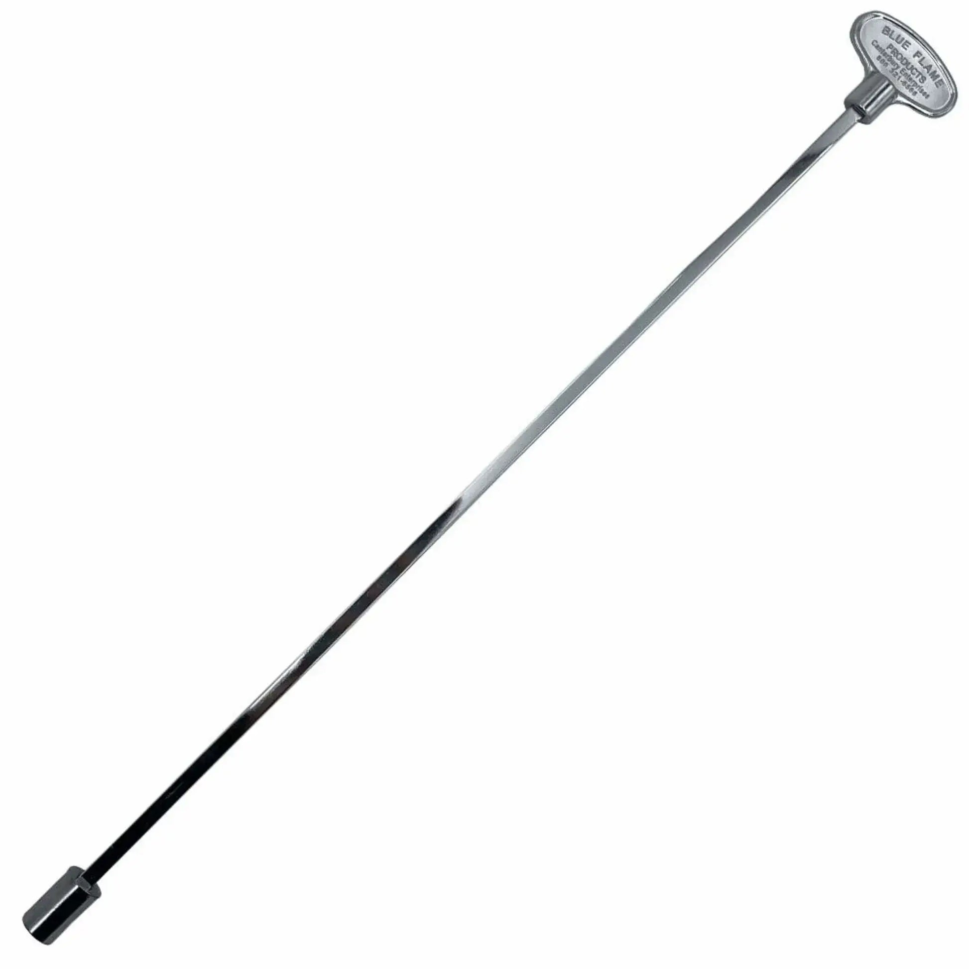 Extra long eighteen inch polished chrome universal gas key used for deep or concealed gas shut off valves, ideal for outdoor fire pits and fireplaces requiring extended reach and precise gas control.