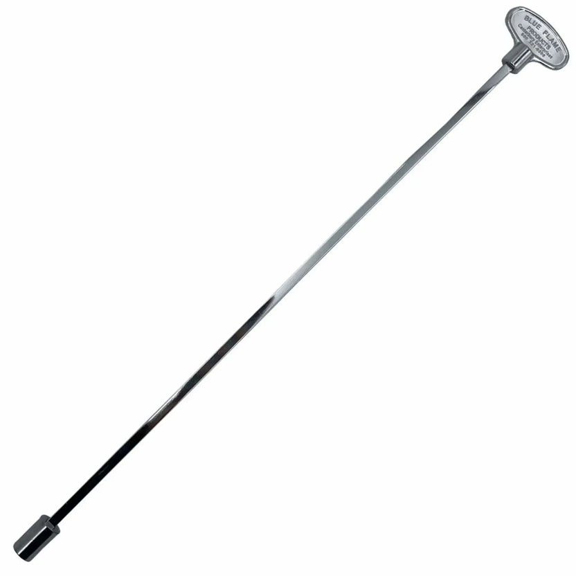 Extra long eighteen inch polished chrome universal gas key used for deep or concealed gas shut off valves, ideal for outdoor fire pits and fireplaces requiring extended reach and precise gas control.