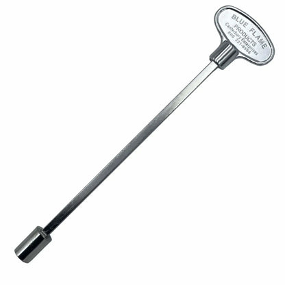 Polished chrome universal gas shut off key with an eight inch length, featuring a flat oval handle stamped with manufacturer branding and a squared socket end designed for turning outdoor fire pit and fireplace gas valves.