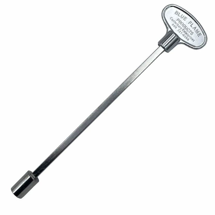 Polished chrome universal gas shut off key with an eight inch length, featuring a flat oval handle stamped with manufacturer branding and a squared socket end designed for turning outdoor fire pit and fireplace gas valves.