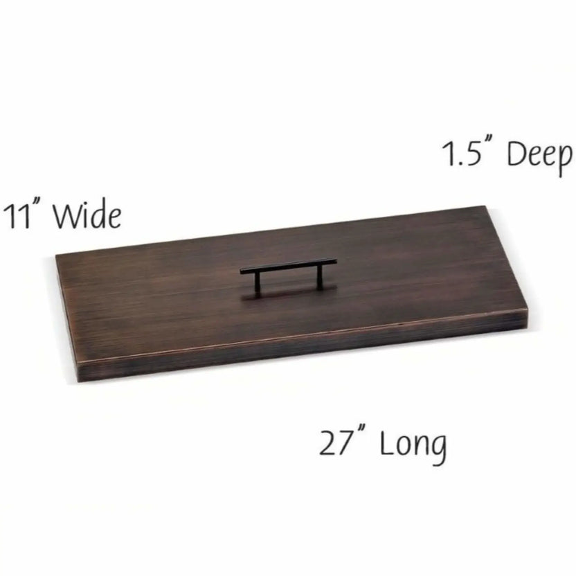24 x 8 inch oil rubbed bronze fire pit burner cover with a sleek rectangular shape and raised handle, offering durable protection for medium-sized gas burners while enhancing outdoor fire table aesthetics.