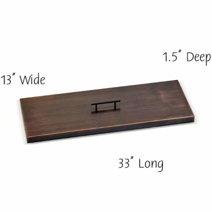 30 x 10 inch rectangular burner cover in an oil rubbed bronze finish, designed to cover and protect gas fire pit burners while converting the fire feature into a usable tabletop surface.