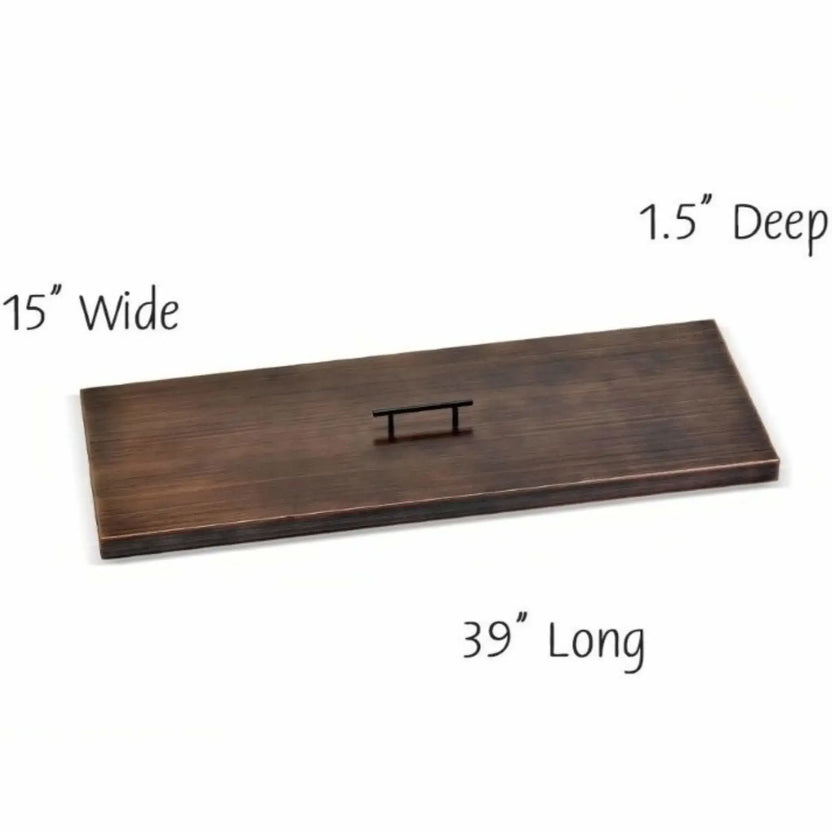 36 x 12 inch oil rubbed bronze fire pit burner cover with a clean rectangular profile and center-mounted handle, built for larger fire features requiring full burner coverage and a polished outdoor look.