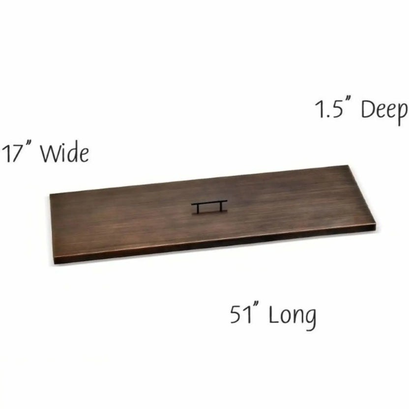 Extra-large 48 x 14 inch rectangular oil rubbed bronze burner cover designed for wide fire pit burners, providing weather protection, added safety, and a refined tabletop finish when the fire is off.