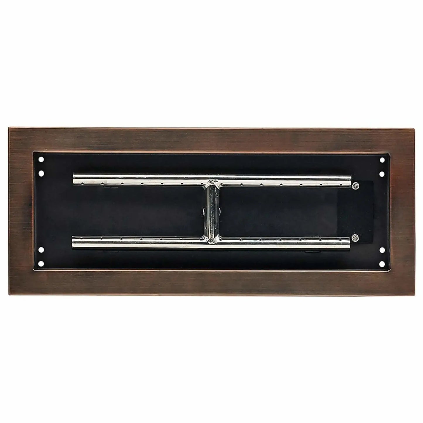 Top-down view of an 18 by 6 inch oil-rubbed bronze rectangular drop-in burner pan, highlighting the dual stainless steel burner tubes and evenly spaced gas ports inside a dark metal pan.