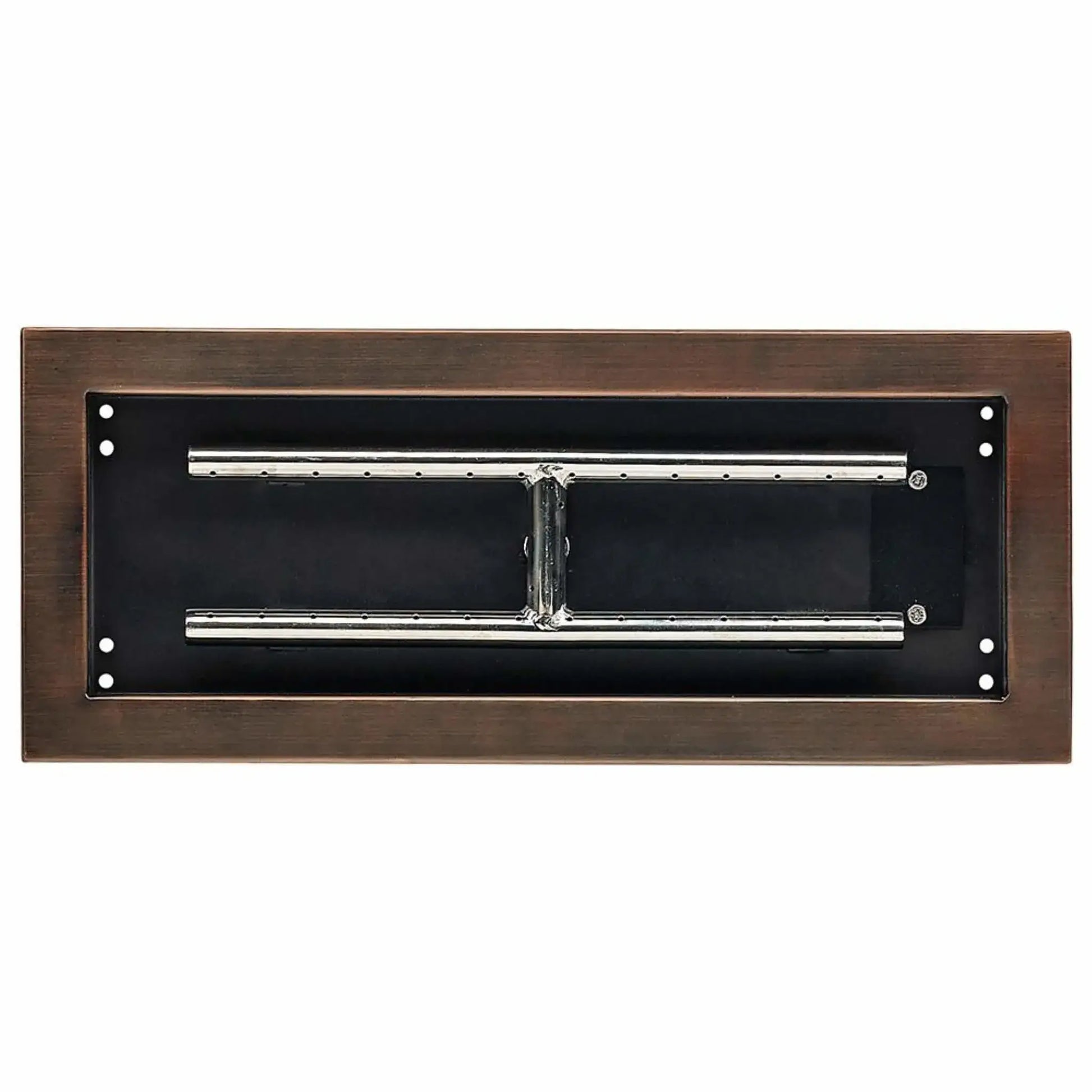 Top-down view of an 18 by 6 inch oil-rubbed bronze rectangular drop-in burner pan, highlighting the dual stainless steel burner tubes and evenly spaced gas ports inside a dark metal pan.