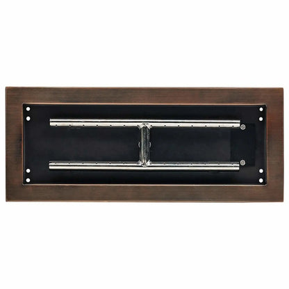 Top-down view of an 18 by 6 inch oil-rubbed bronze rectangular drop-in burner pan, highlighting the dual stainless steel burner tubes and evenly spaced gas ports inside a dark metal pan.