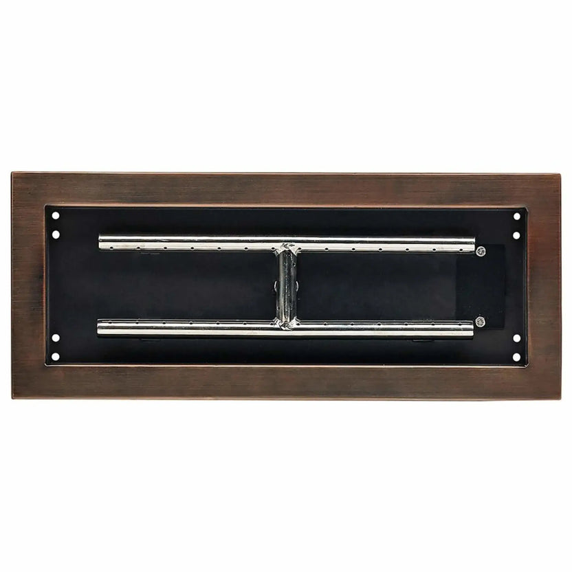 Top-down view of an 18 by 6 inch oil-rubbed bronze rectangular drop-in burner pan, highlighting the dual stainless steel burner tubes and evenly spaced gas ports inside a dark metal pan.