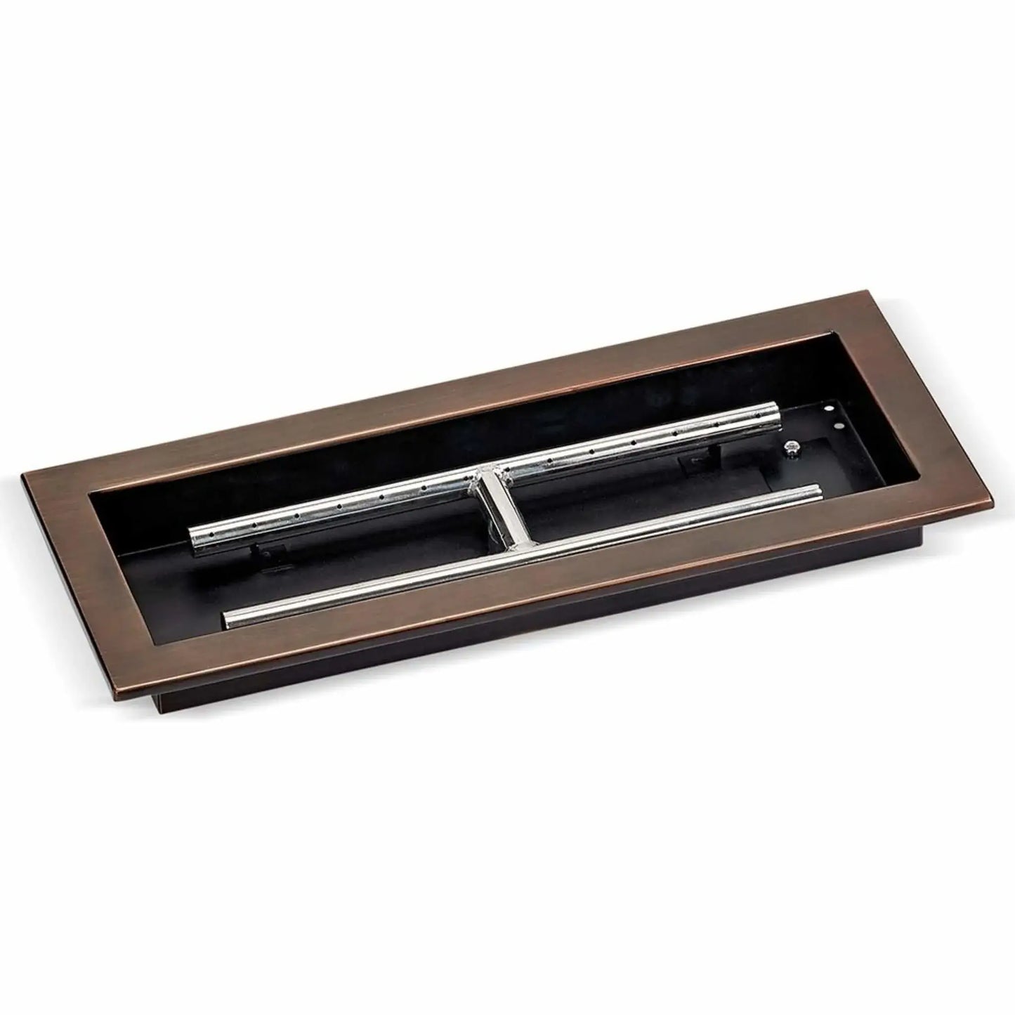 Oil-rubbed bronze rectangular drop-in burner pan measuring 18 by 6 inches, shown in a studio setting with exposed stainless steel burner bars and mounting flanges, designed for compact outdoor fire features.