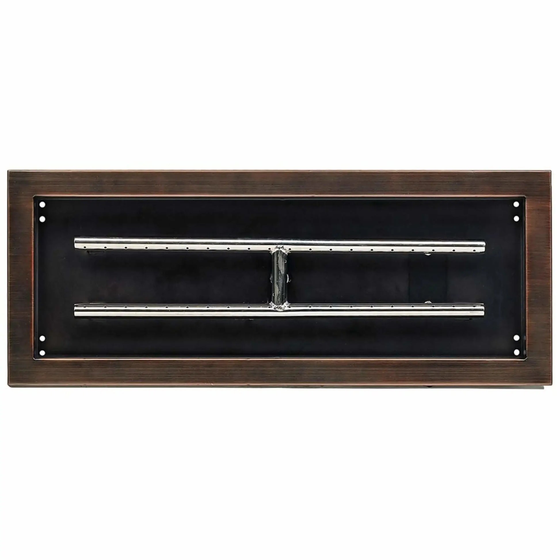 Close-up overhead view of a 24 by 8 inch oil-rubbed bronze drop-in burner pan, showing the internal burner layout and clean rectangular frame designed for custom fire pit installations.