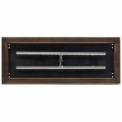 Close-up overhead view of a 24 by 8 inch oil-rubbed bronze drop-in burner pan, showing the internal burner layout and clean rectangular frame designed for custom fire pit installations.