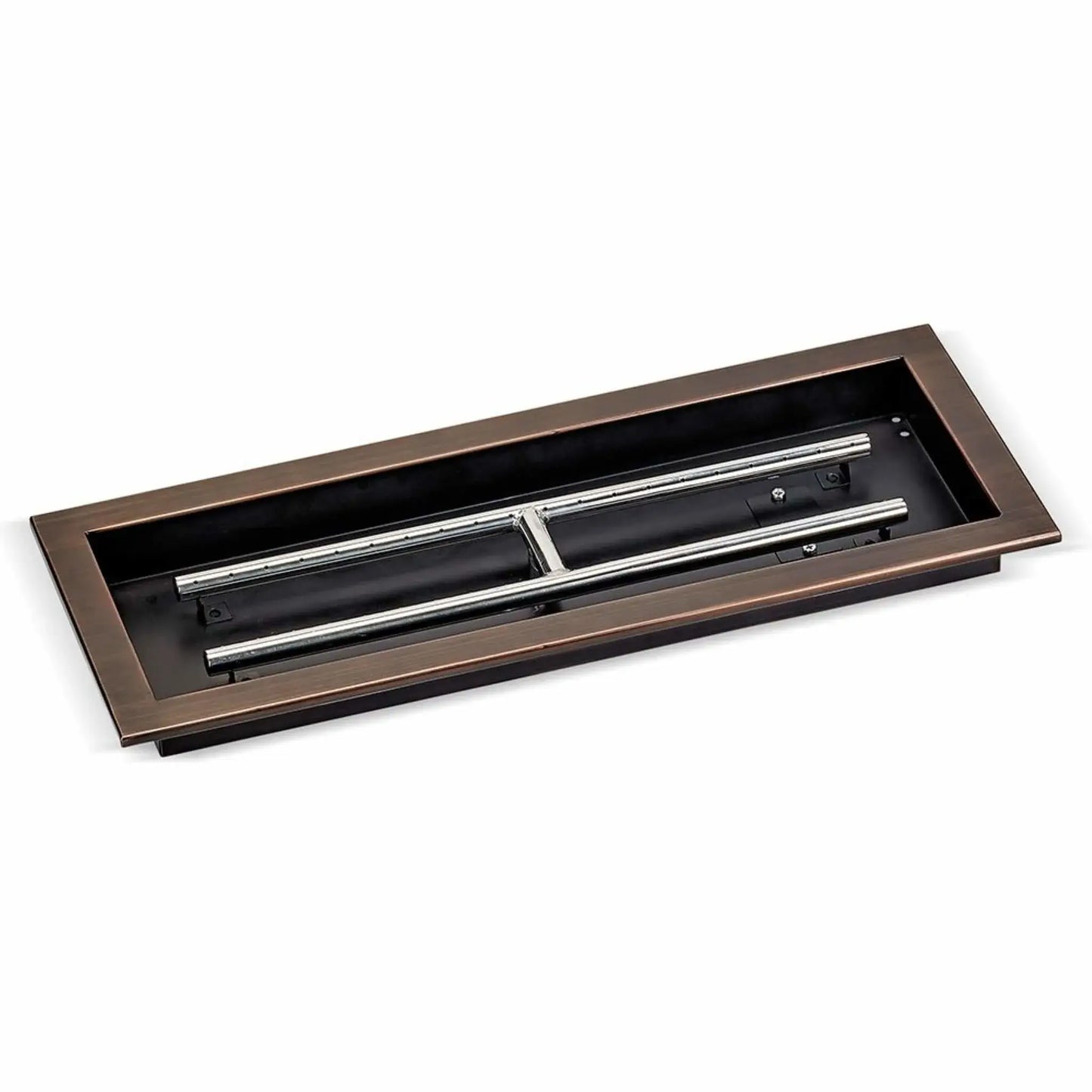 Oil-rubbed bronze rectangular drop-in burner pan measuring 24 by 8 inches, photographed on a white background, featuring a durable steel pan and centered stainless steel burner assembly for outdoor fire pits.