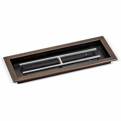 Oil-rubbed bronze rectangular drop-in burner pan measuring 24 by 8 inches, photographed on a white background, featuring a durable steel pan and centered stainless steel burner assembly for outdoor fire pits.