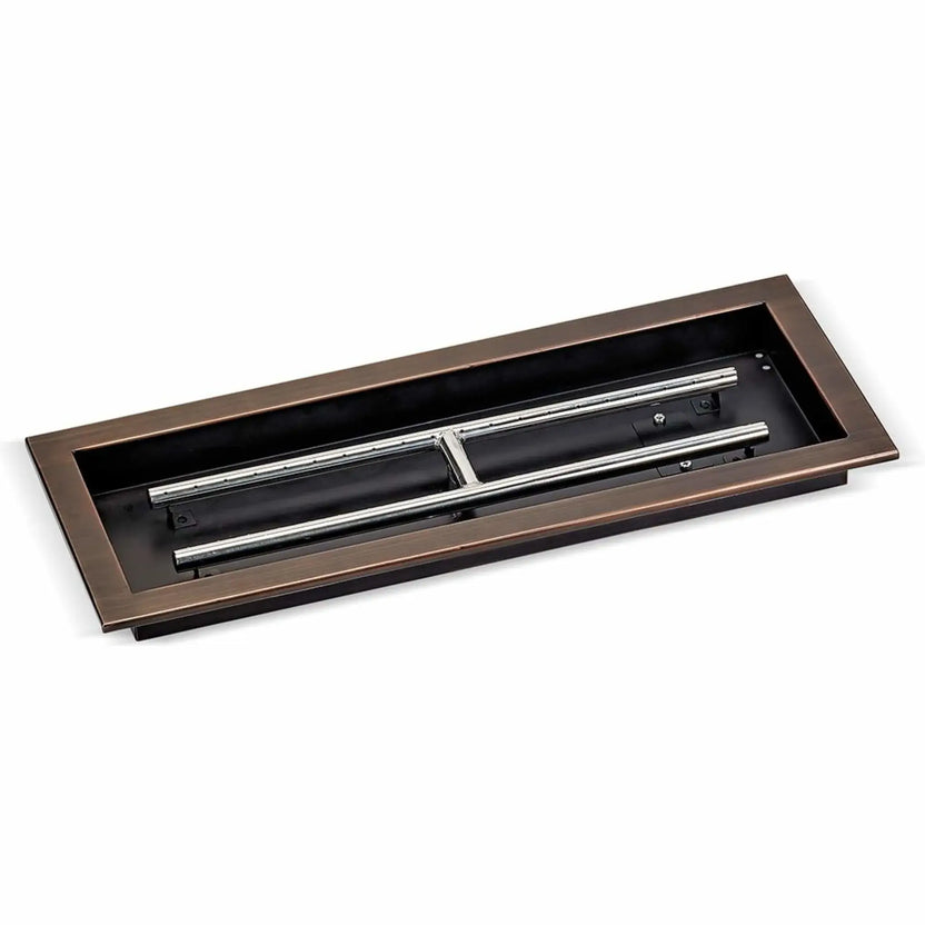 Oil-rubbed bronze rectangular drop-in burner pan measuring 24 by 8 inches, photographed on a white background, featuring a durable steel pan and centered stainless steel burner assembly for outdoor fire pits.
