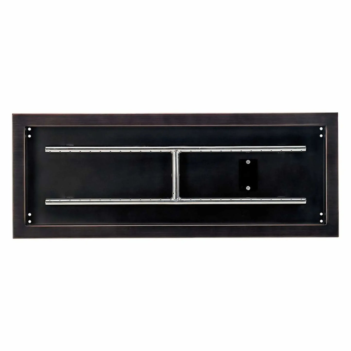 Top-down studio view of a 30x10 rectangular oil rubbed bronze drop-in burner pan, showing the deep steel pan, dual stainless steel burner bars, centered support bracket, and mounting holes along the perimeter.