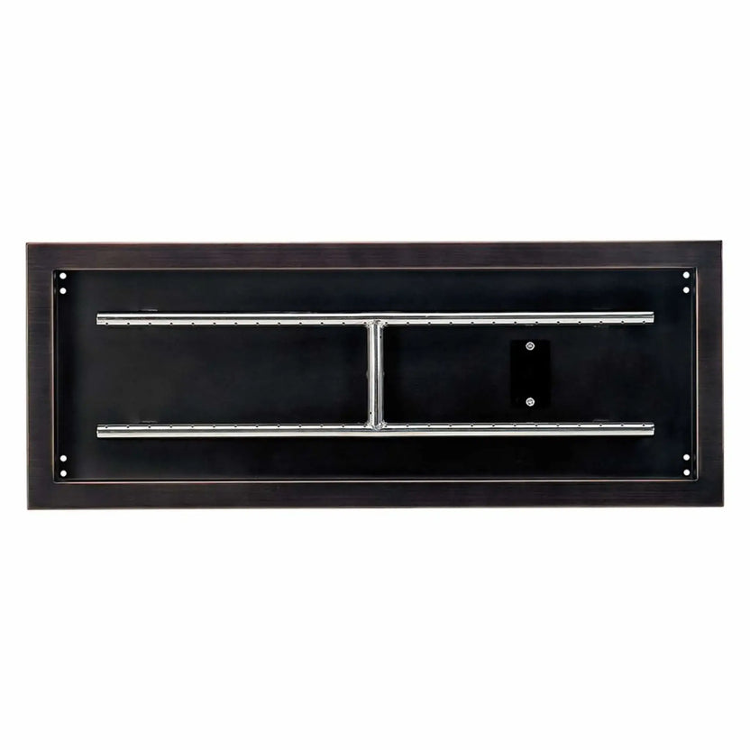 Top-down studio view of a 30x10 rectangular oil rubbed bronze drop-in burner pan, showing the deep steel pan, dual stainless steel burner bars, centered support bracket, and mounting holes along the perimeter.