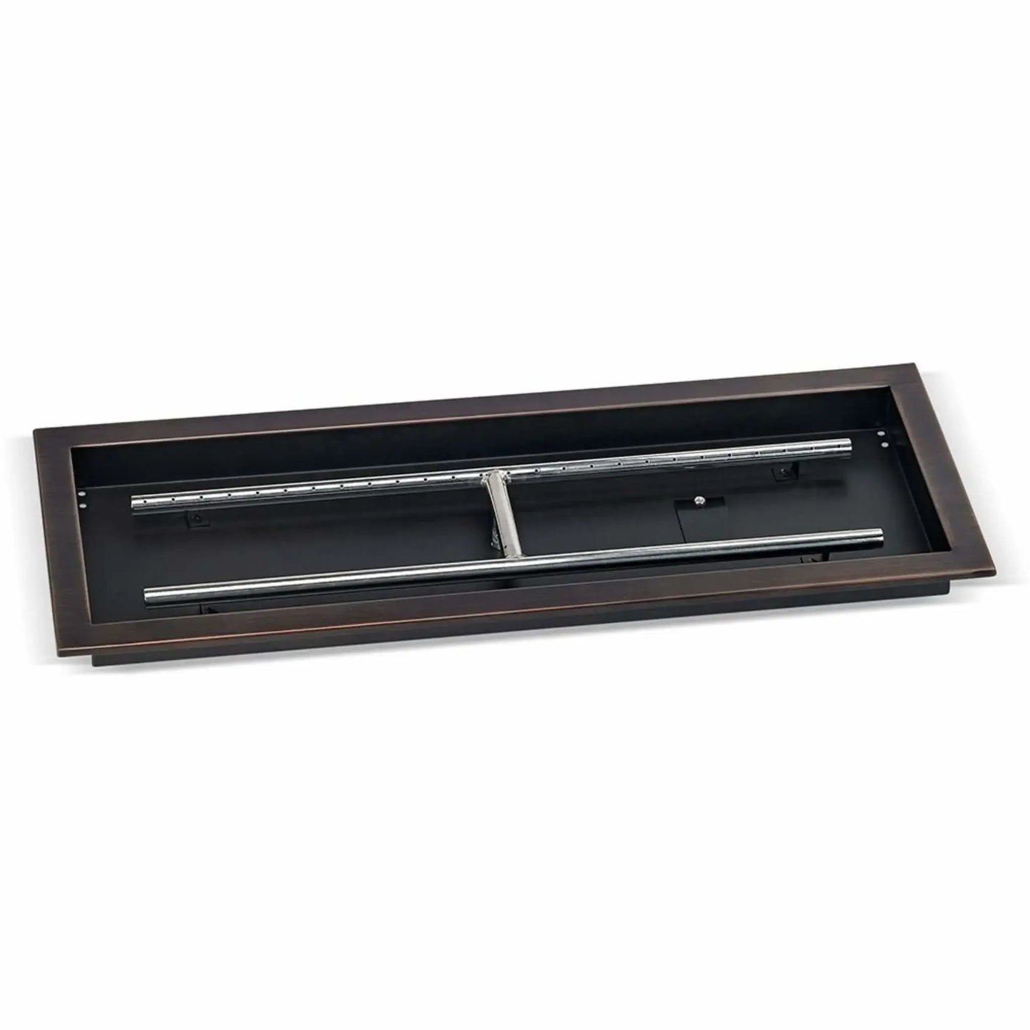 Large oil-rubbed bronze rectangular drop-in burner pan measuring 30 by 10 inches, displayed at an angle to highlight the deep pan construction, stainless steel burner bars, and mounting flange for outdoor fire tables.