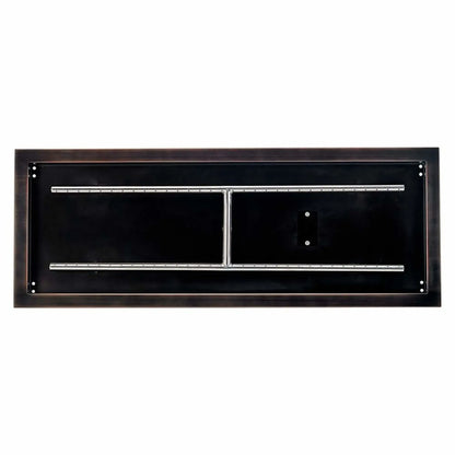 Overhead view of a 36 by 12 inch oil rubbed bronze rectangular burner pan, showing the full-length burner tubes, reinforced center support, and smooth interior pan surface for fire glass or lava rock.