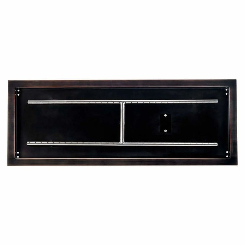 Overhead view of a 36 by 12 inch oil rubbed bronze rectangular burner pan, showing the full-length burner tubes, reinforced center support, and smooth interior pan surface for fire glass or lava rock.