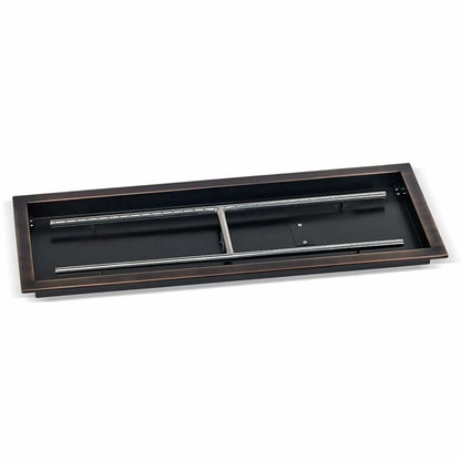 Angled studio image of a 36x12 rectangular oil rubbed bronze drop-in burner pan, highlighting the wide pan opening, dark bronze frame, and stainless steel burner assembly designed for medium to large outdoor fire pits.