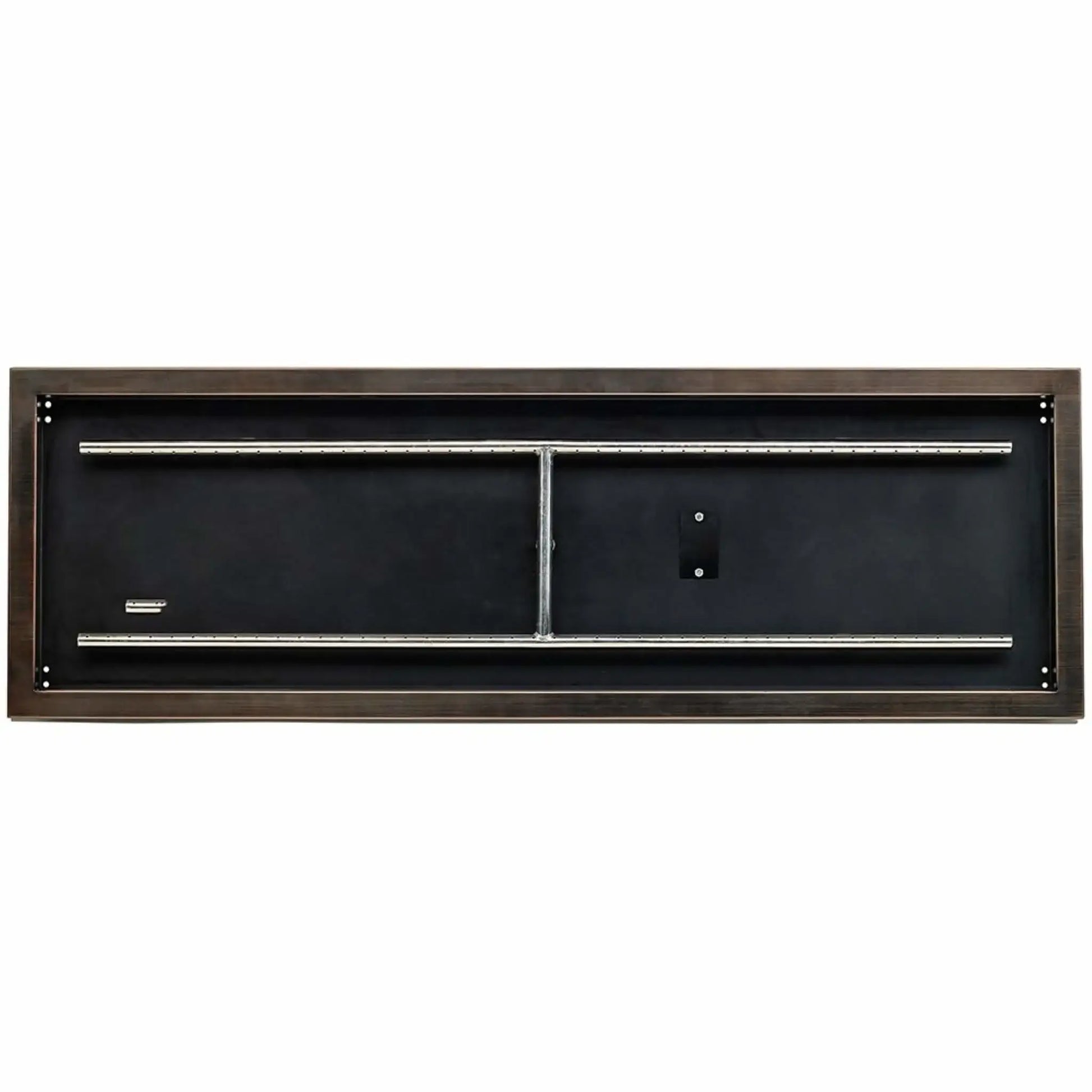Straight-on overhead view of a 48x14 oil rubbed bronze rectangular burner pan, showing the expansive interior, evenly spaced burner ports, center cross support, and finished bronze mounting flange.