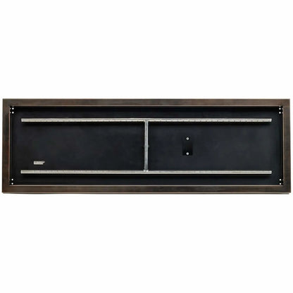 Straight-on overhead view of a 48x14 oil rubbed bronze rectangular burner pan, showing the expansive interior, evenly spaced burner ports, center cross support, and finished bronze mounting flange.