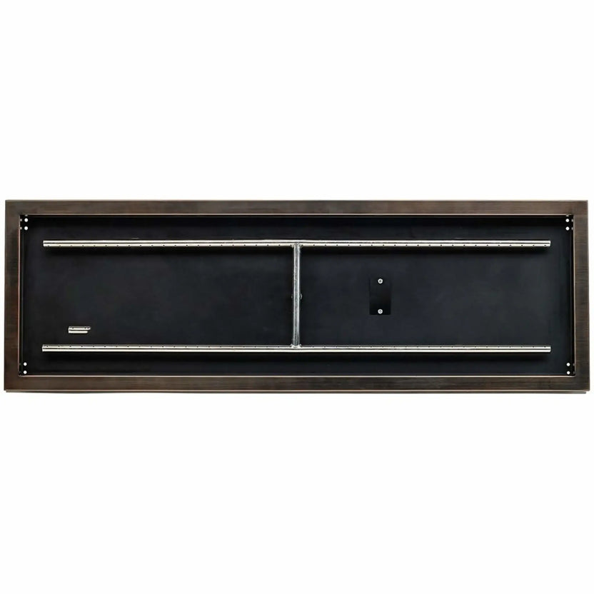 Straight-on overhead view of a 48x14 oil rubbed bronze rectangular burner pan, showing the expansive interior, evenly spaced burner ports, center cross support, and finished bronze mounting flange.