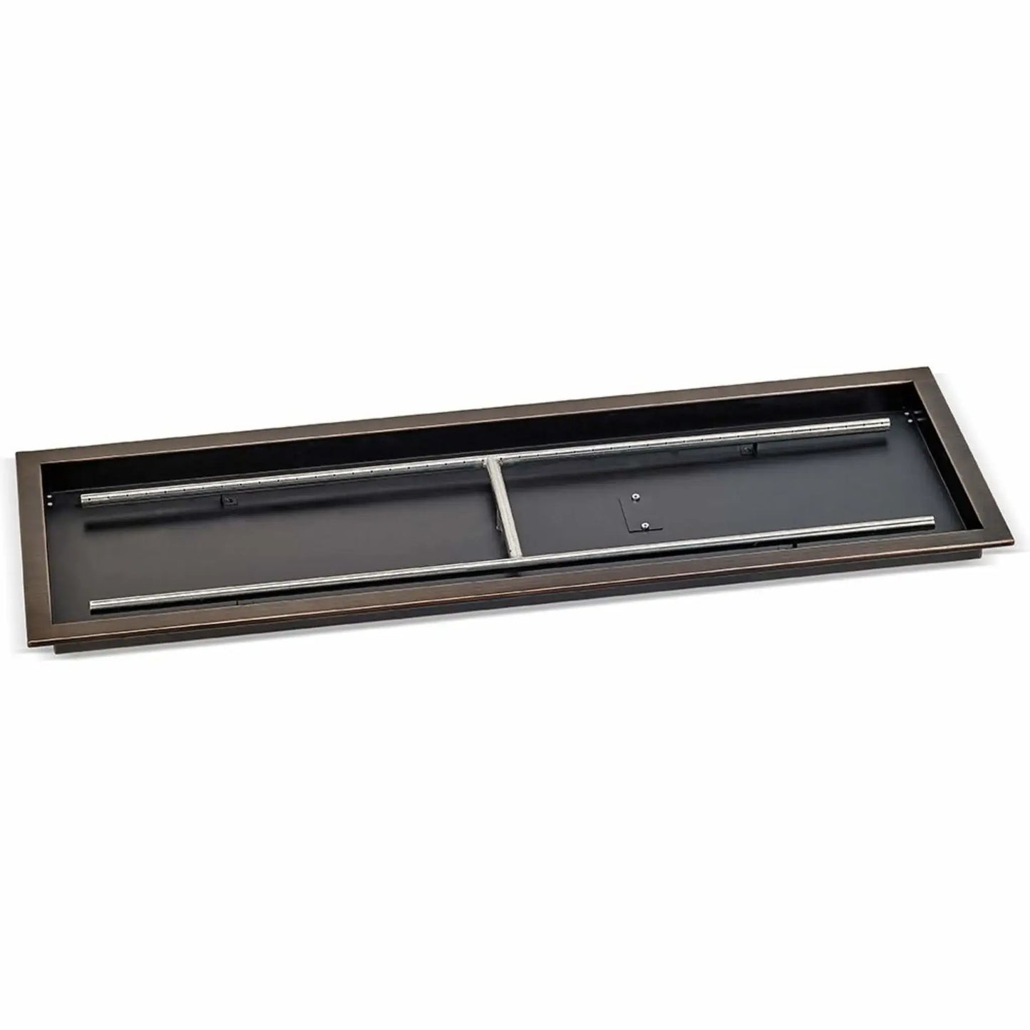 Large rectangular oil rubbed bronze drop-in burner pan measuring 48 by 14 inches, photographed at an angle to display the deep pan walls, wide fire opening, and stainless steel burner bars for high-output fire features.