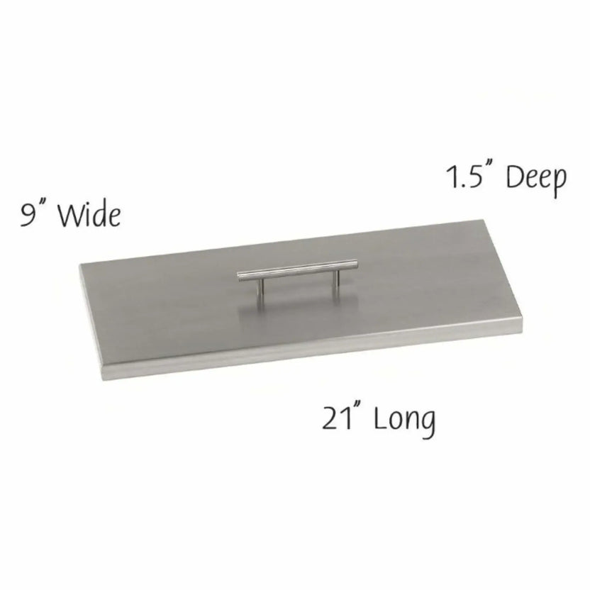 Rectangular stainless steel fire pit burner cover with a brushed finish, flat low-profile design, and centered welded handle, shown with labeled dimensions of 18 inches long, 9 inches wide, and 1.5 inches deep on a white background.