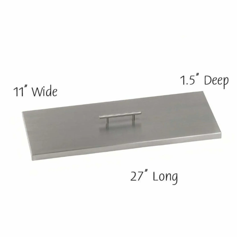 Brushed stainless steel rectangular fire pit burner cover featuring clean edges and a centered lift handle, displayed with dimension callouts showing 24 inches long, 11 inches wide, and 1.5 inches deep.