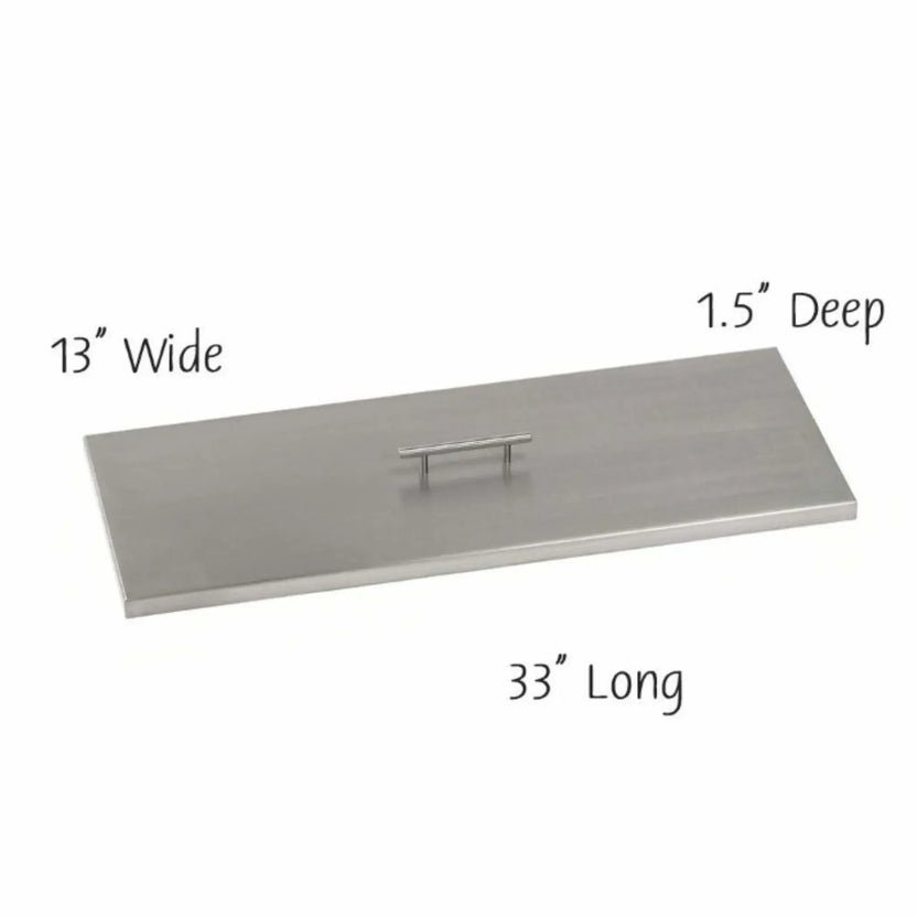 Rectangular stainless steel burner cover for outdoor fire pits with a smooth brushed surface and integrated handle, shown in a size configuration measuring 30 inches long, 13 inches wide, and 1.5 inches deep.