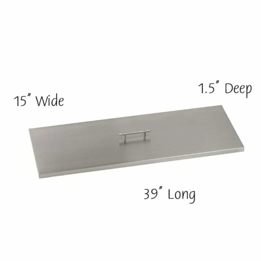 Large stainless steel fire pit burner cover with a flat rectangular profile and centered metal handle, presented with labeled dimensions of 36 inches long, 15 inches wide, and 1.5 inches deep.