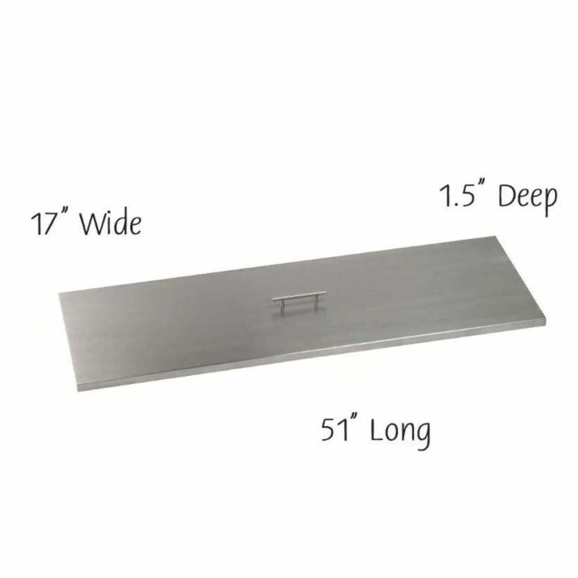 Extra-long rectangular stainless steel burner cover designed for linear fire pits, featuring a brushed finish and welded handle, shown with dimensions of 48 inches long, 17 inches wide, and 1.5 inches deep.