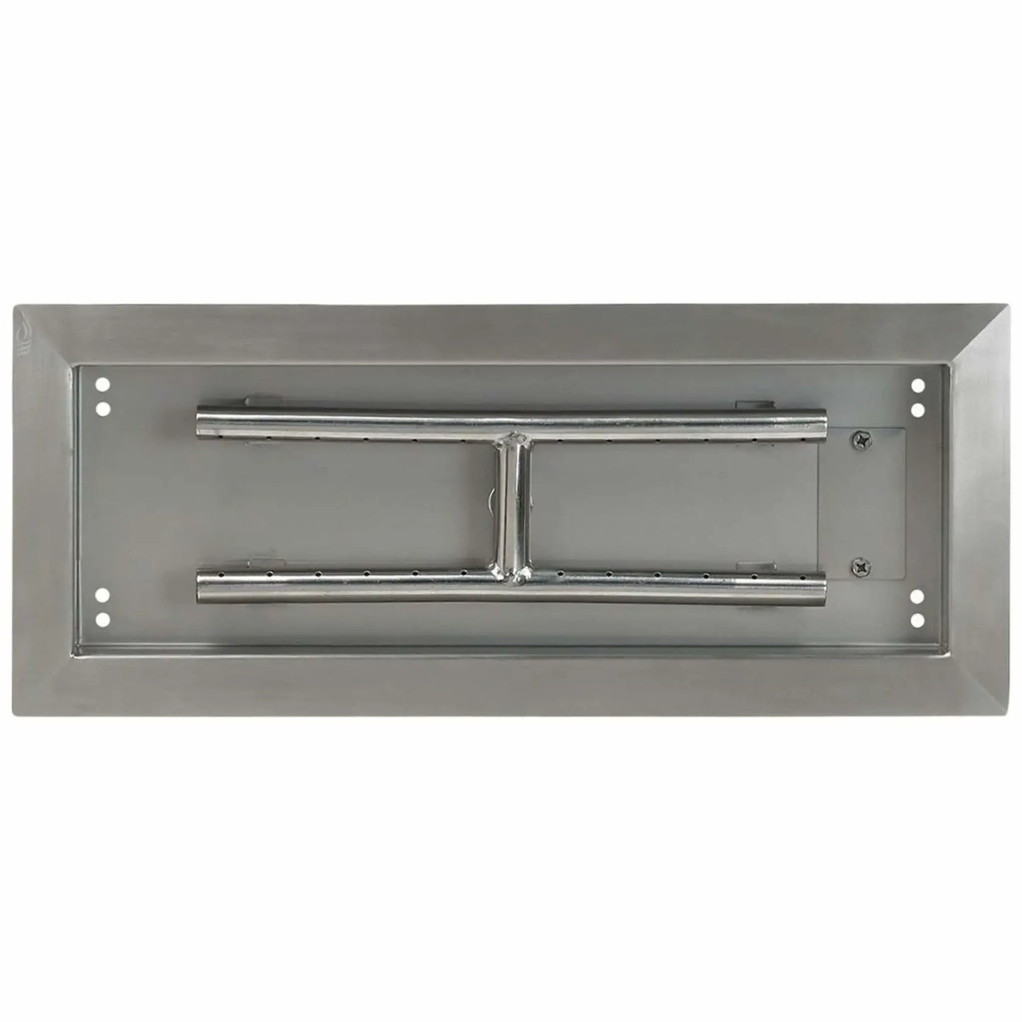 Top-down view of an 18 by 6 inch stainless steel rectangular drop-in burner pan, highlighting the clean pan interior, stainless steel burner tubes, center support bracket, and precision-drilled flame ports.