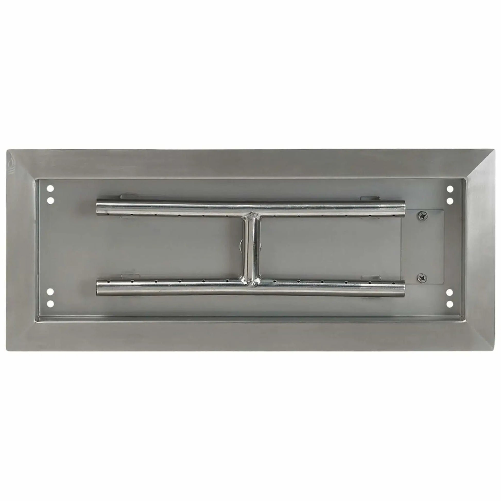 Top-down view of an 18 by 6 inch stainless steel rectangular drop-in burner pan, highlighting the clean pan interior, stainless steel burner tubes, center support bracket, and precision-drilled flame ports.