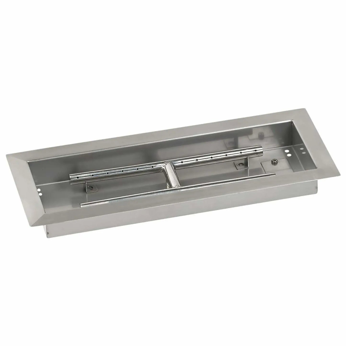 Angled studio image of an 18x6 rectangular stainless steel drop-in burner pan, featuring a brushed stainless finish, compact pan size, and dual burner bars designed for smaller outdoor fire pit installations.