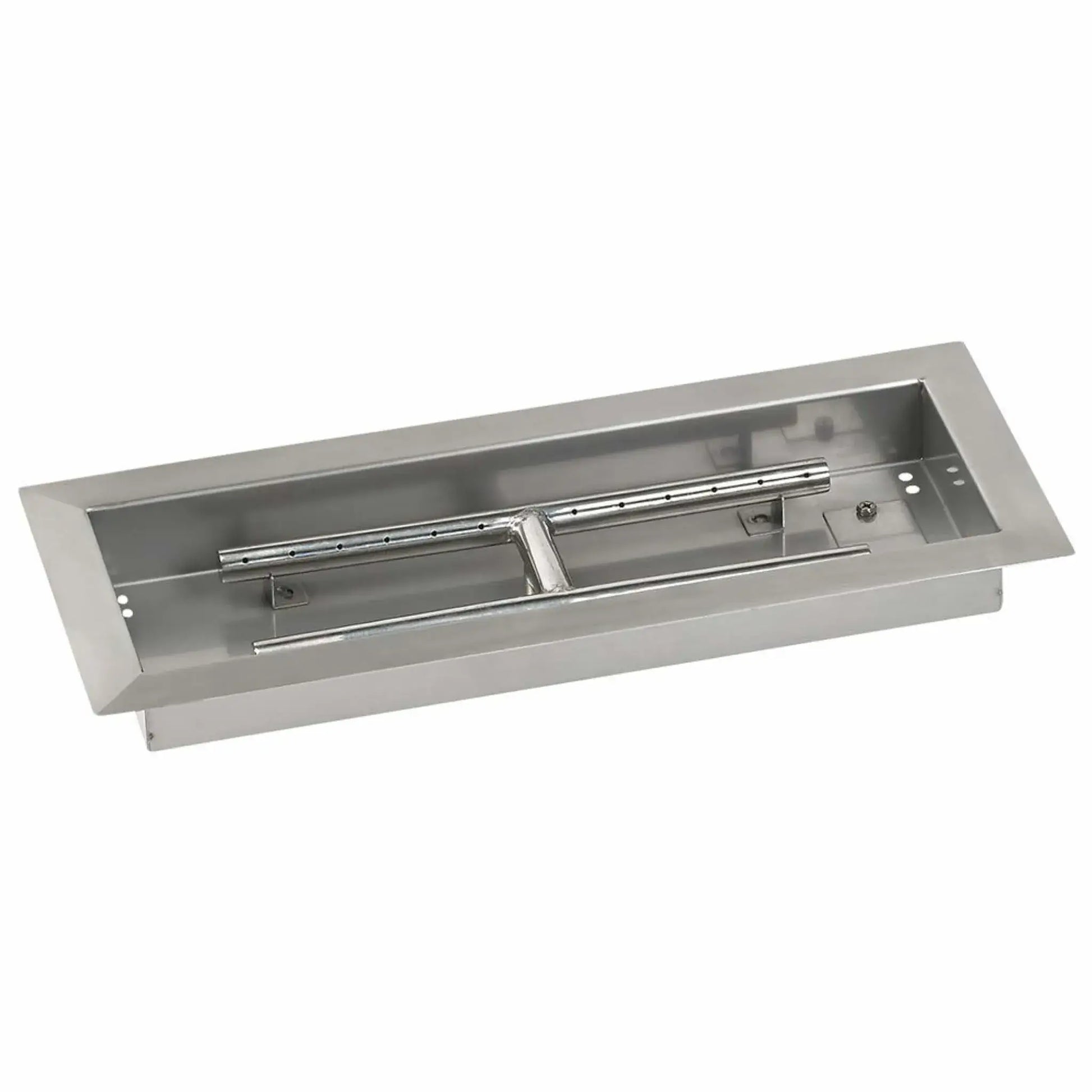 Angled studio image of an 18x6 rectangular stainless steel drop-in burner pan, featuring a brushed stainless finish, compact pan size, and dual burner bars designed for smaller outdoor fire pit installations.