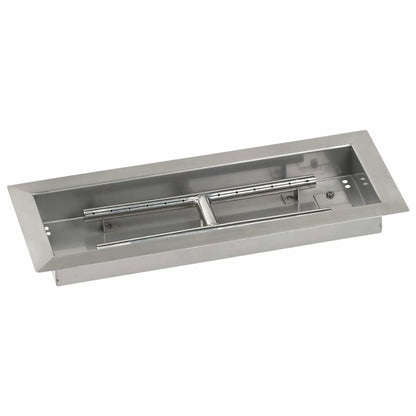 Angled studio image of an 18x6 rectangular stainless steel drop-in burner pan, featuring a brushed stainless finish, compact pan size, and dual burner bars designed for smaller outdoor fire pit installations.