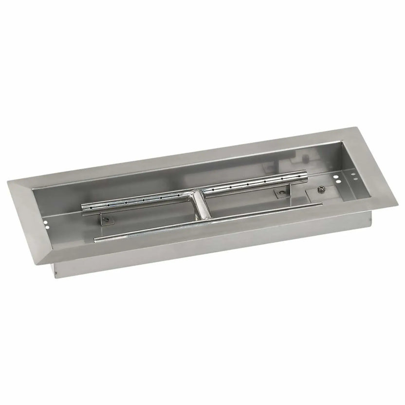 Angled studio image of an 18x6 rectangular stainless steel drop-in burner pan, featuring a brushed stainless finish, compact pan size, and dual burner bars designed for smaller outdoor fire pit installations.