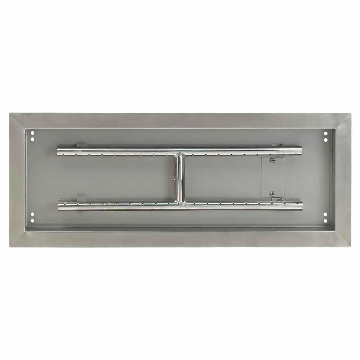 Top-down view of a 24 by 8 inch stainless steel rectangular drop-in burner pan, highlighting the clean interior surface, evenly spaced burner ports, and reinforced center connection between burner bars.